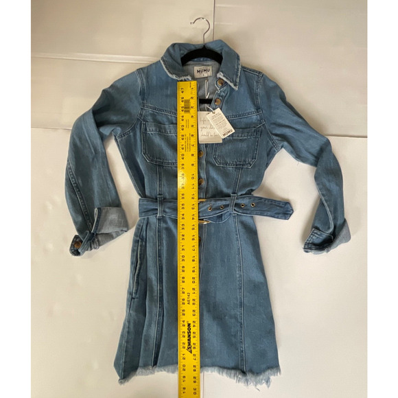 Show Me Your Mumu Denim Jean Dress Longsleeve Dress Belted Raw Hem SMALL NWT - Picture 5 of 7